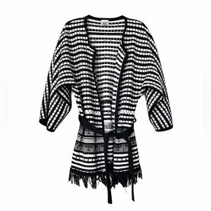 Chico’s Black White Geometric Belted Kimono Cardigan Sweater Jacket